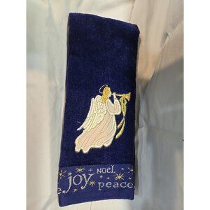 navyblue hand towel Angel Blowing Trumpet Gold Cream Embroidered Joy Noel Peace